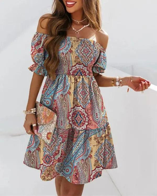 Boho Breeze Off-Shoulder Pleated Dress – Stylish Cowgirl Casual Wear - Country in My Heart
