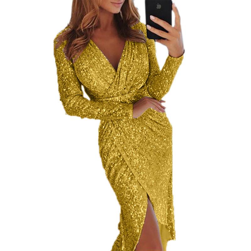 Long Sleeve V-Neck Sequin Dinner Dress | Sexy Chic Dress for Special Occasions - Country in My Heart