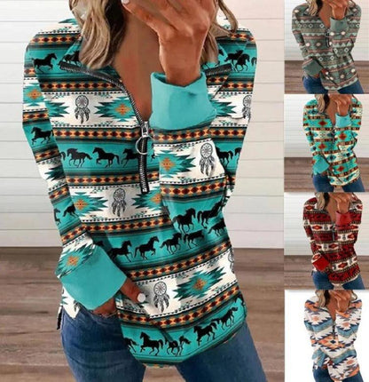 Western Style Zipper Sweater | Cowgirl Chic Pullover with Horse Print - Country in My Heart