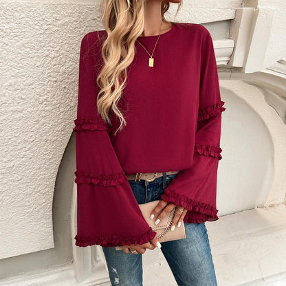 Elegant Socialite Trumpet Sleeved Top – Stylish Ruffled Blouse for Trendy Women - Country in My Heart