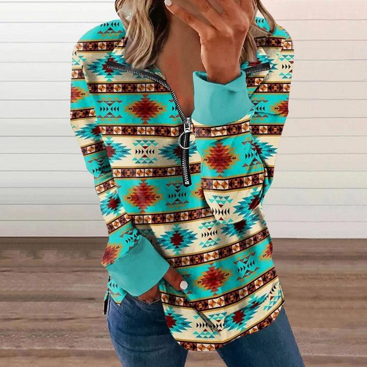 Western Style Zipper Sweater | Cowgirl Chic Pullover with Horse Print - Country in My Heart