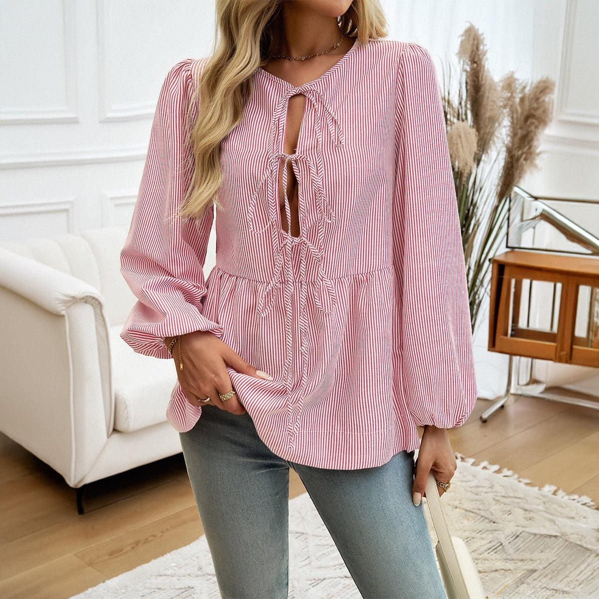 Boho Chic Striped Lace-Up Shirt - Trendy Loose Fit Casual Top for Women - Country in My Heart