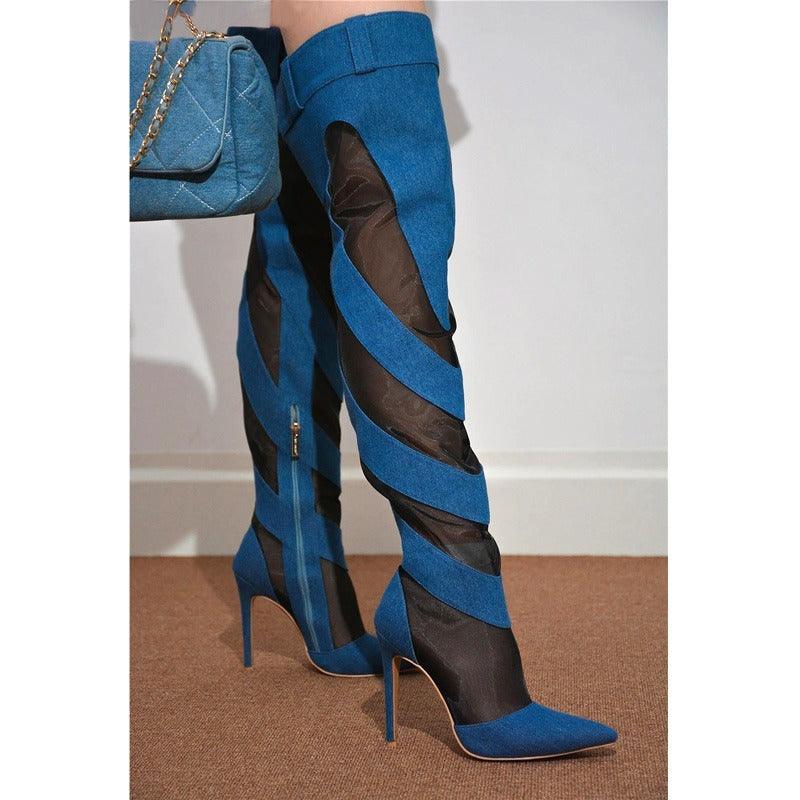 Patchwork Thigh High Knee Boots - Brazen Blue & Jet Black | Ultra High Heels - Country in My Heart