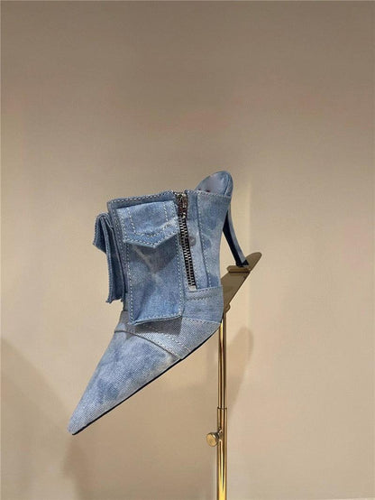 Women Pocket Denim Pointed Toe Heeled Ankle Boots - Country in My Heart