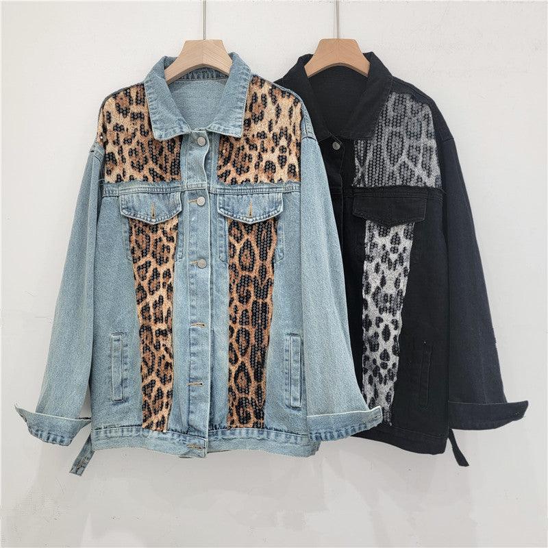 Wild Leopard Denim Jacket Top – Stylish Cowgirl Fashion with Leopard Print and Sequins - Country in My Heart