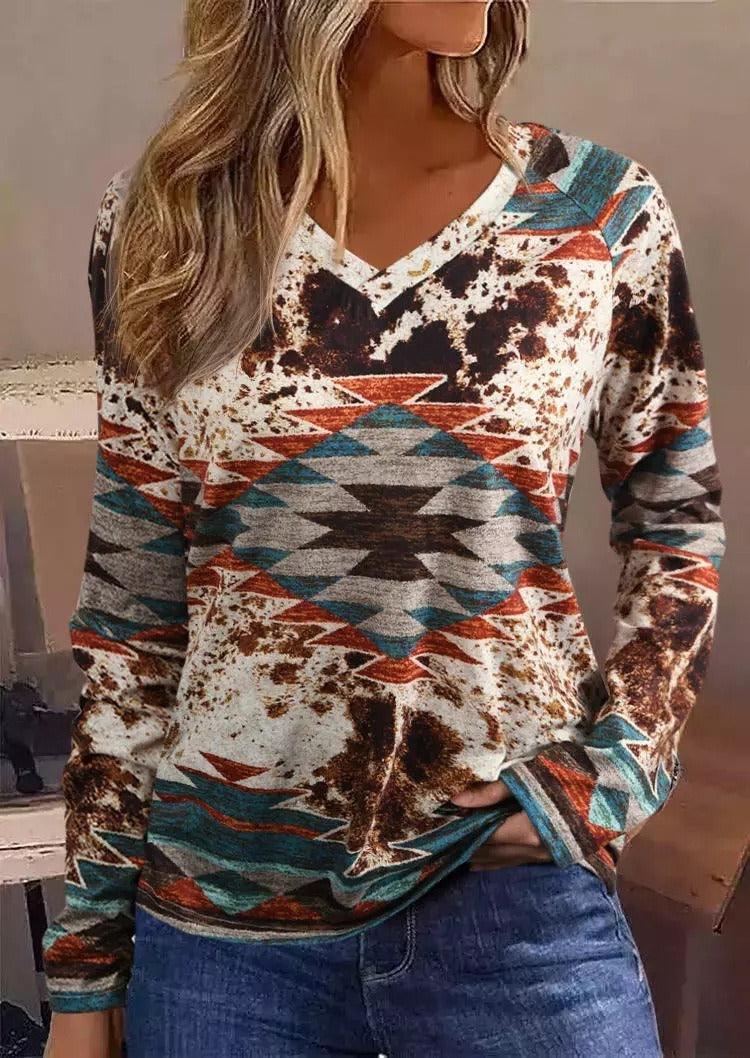 Tribal Roots V Neck Pullover | Boho Chic Long Sleeve T-Shirt - Country in My Heart