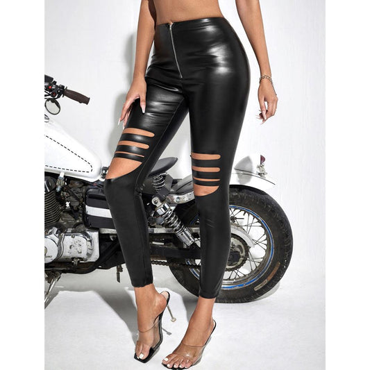 High Waist Leather Pants with Knee Cutouts | Country & Rock Style for Bar & Party Wear - Country in My Heart