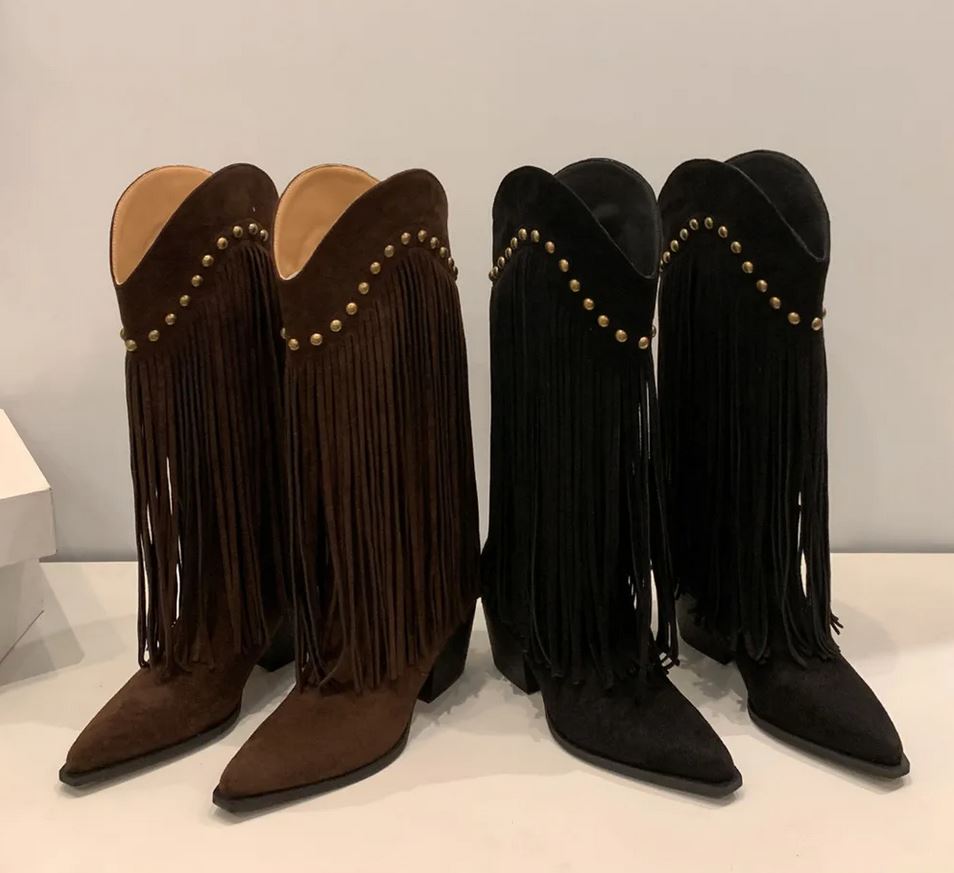 Riveted Fringe Mid-Calf Boots – Stylish Cowgirl Boots with Brass Rivets