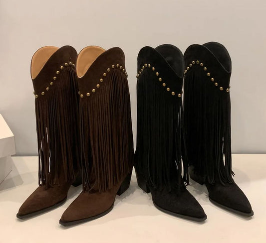 Riveted Fringe Mid-Calf Boots – Stylish Cowgirl Boots with Brass Rivets