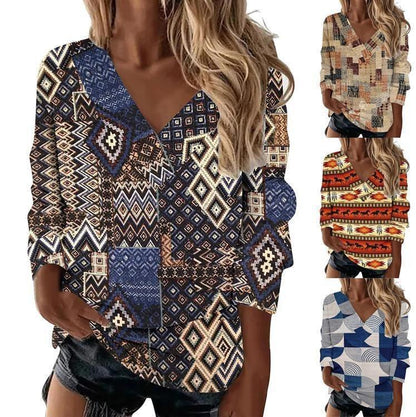 Boho Western V-Neck Long Sleeved Top – Stylish Cowgirl Fashion with Geometric Patterns - Country in My Heart