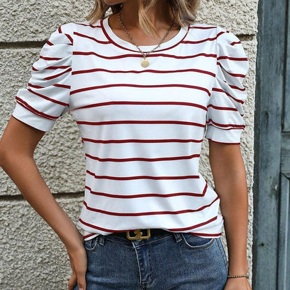 Puff Sleeve Stripes Tee - Stylish Casual Striped Shirt for Women - Country in My Heart