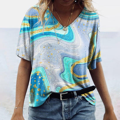 Women's Spring Glitzy V-Neck Short Sleeved Marble Print Top - Country in My Heart