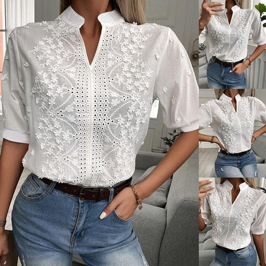 French Lace Embroidered Top - Stylish Stand Up Collar Top for Trendy Women - Country in My Heart