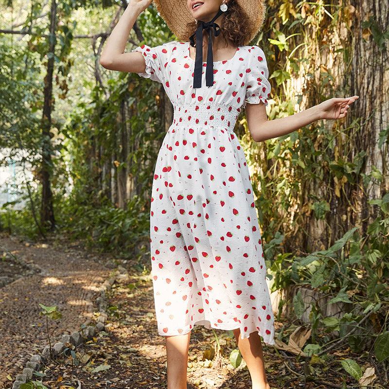 Strawberry Fields Summer Dress - Playful Floral Chiffon Dress for Women XL / White Strawberry Fields Summer Dress - Playful Floral Chiffon Dress for Women XL / White