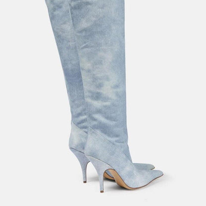 Women's Ultra-High Heel Denim Pointed Toe Catwalk Knee Boots - Country in My Heart