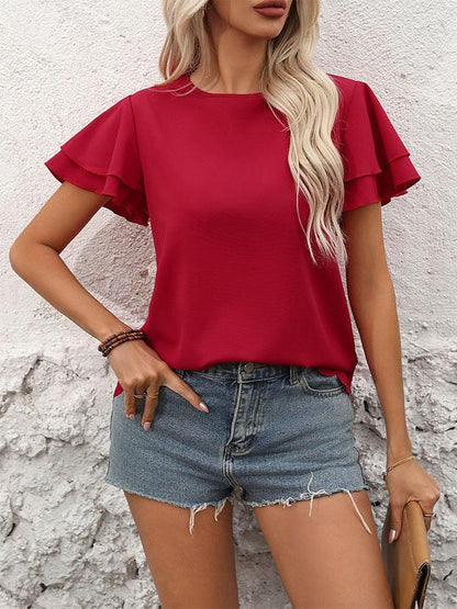 Lotus Blossom Ruffle Top - Stylish Red Double-layer Lotus Leaf Sleeve Blouse - Country in My Heart