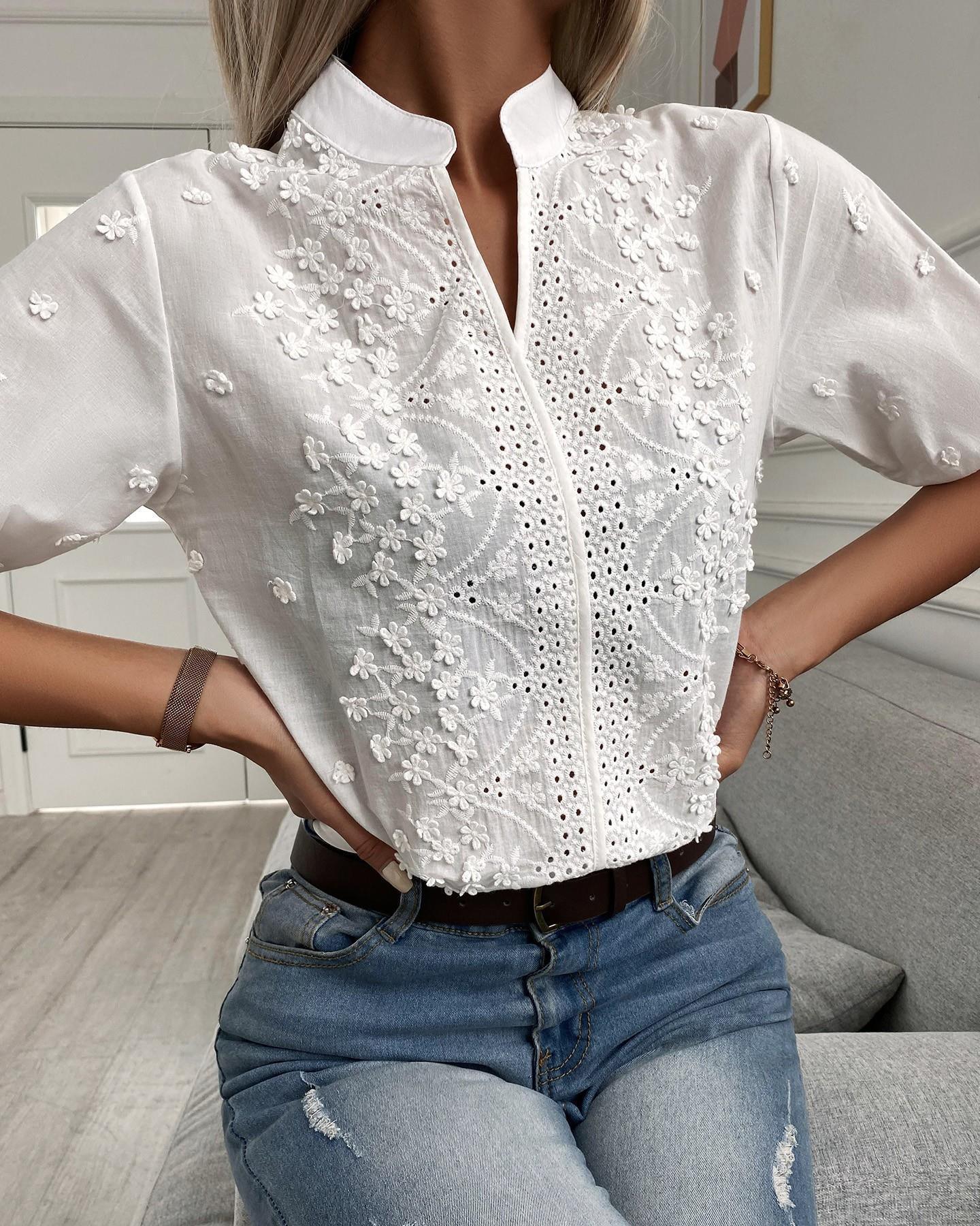 French Lace Embroidered Top - Stylish Stand Up Collar Top for Trendy Women - Country in My Heart