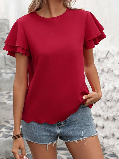 Lotus Blossom Ruffle Top - Stylish Red Double-layer Lotus Leaf Sleeve Blouse - Country in My Heart