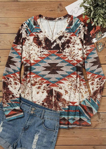 Tribal Roots V Neck Pullover | Boho Chic Long Sleeve T-Shirt - Country in My Heart