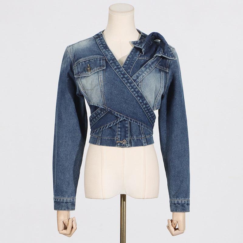 Women’s V-neck Cross Asymmetrical Lace-Up High-End Short Denim Jacket - Country in My Heart