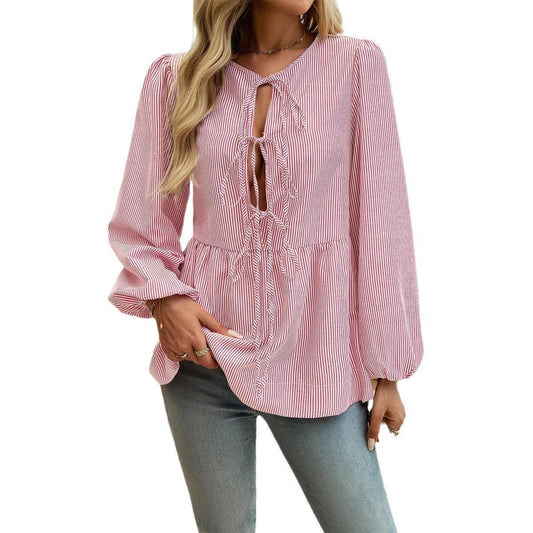 Boho Chic Striped Lace-Up Shirt - Trendy Loose Fit Casual Top for Women - Country in My Heart