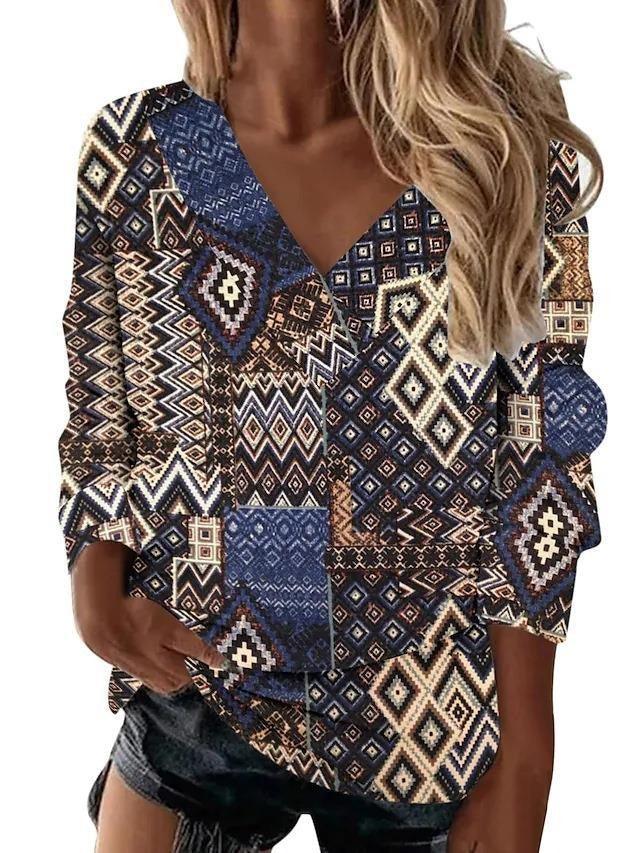 Boho Western V-Neck Long Sleeved Top – Stylish Cowgirl Fashion with Geometric Patterns - Country in My Heart