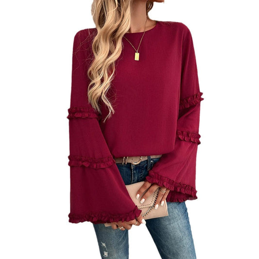 Elegant Socialite Trumpet Sleeved Top – Stylish Ruffled Blouse for Trendy Women - Country in My Heart