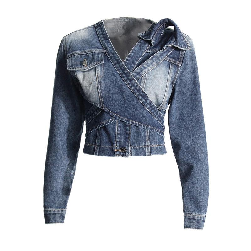 Women’s V-neck Cross Asymmetrical Lace-Up High-End Short Denim Jacket - Country in My Heart