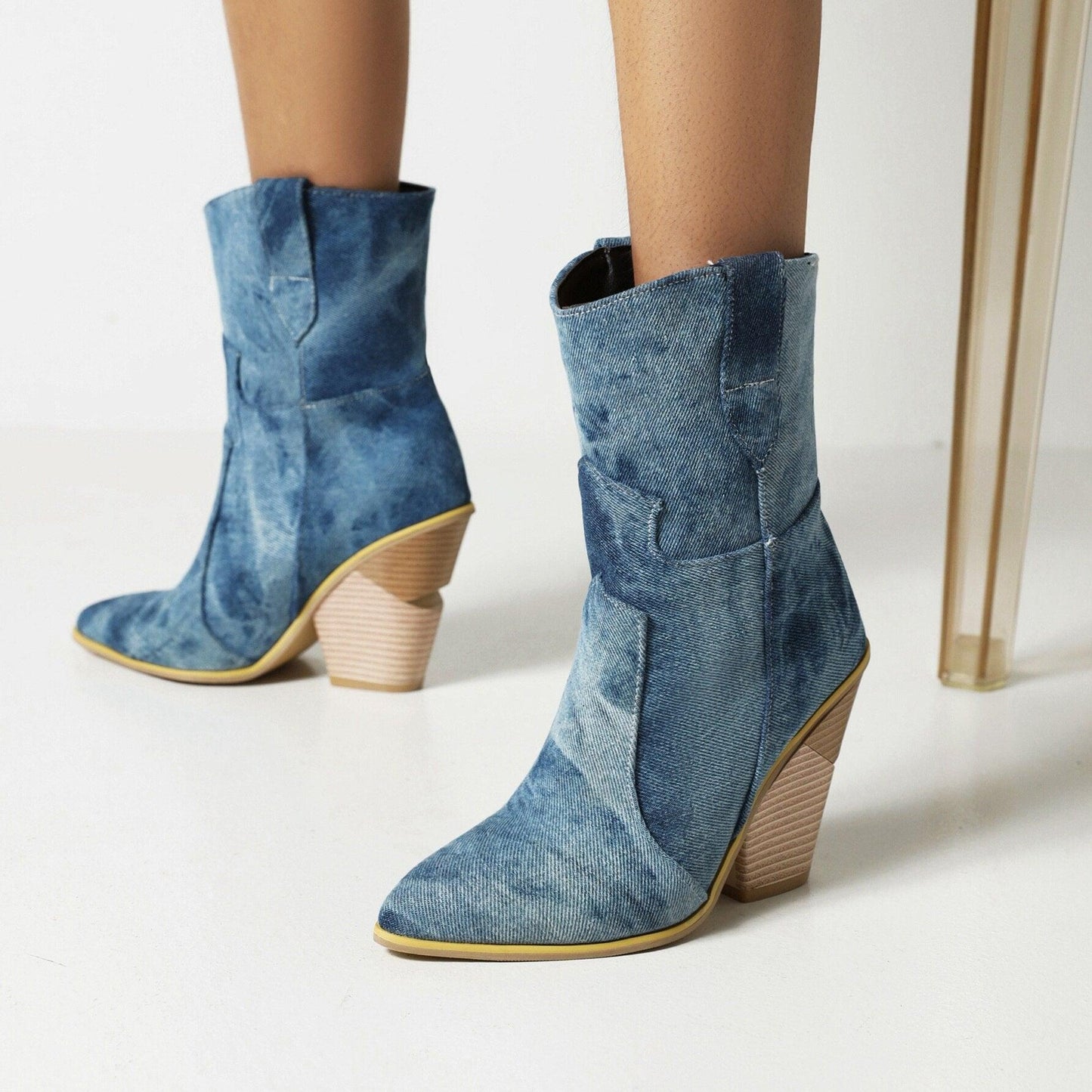 Cowgirl Chic High Heel Ankle Boots - Trendy Denim and Leather Boots for Women - Country in My Heart