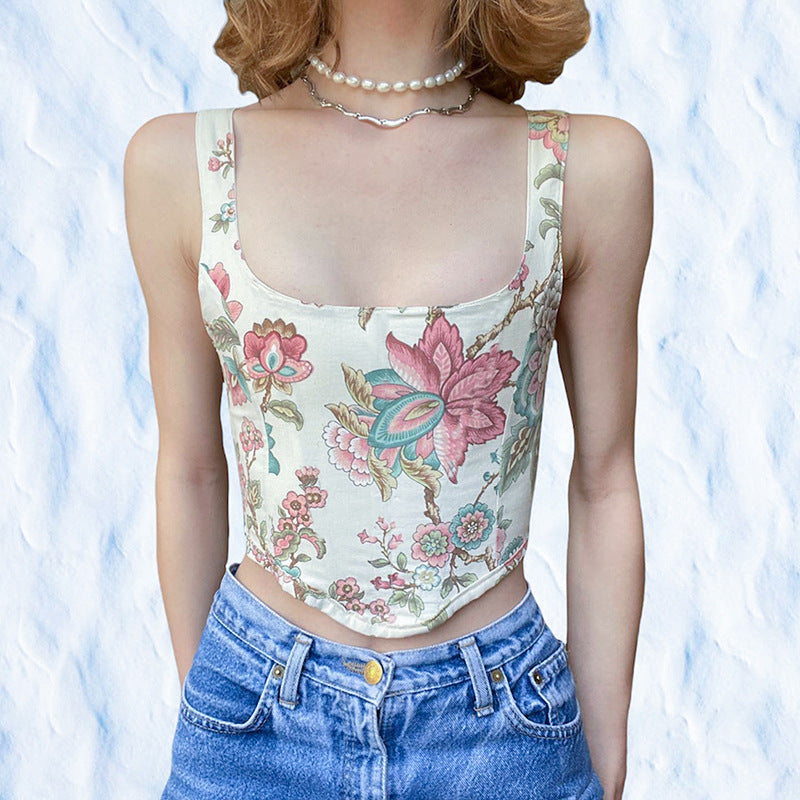 Floral Lace-Up Back Vest Top