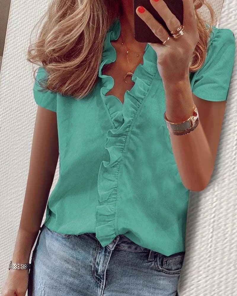 Cowgirl Chic Ruffle Top – Stylish Short Sleeved Shirt for Casual Cowgirl Style - Country in My Heart