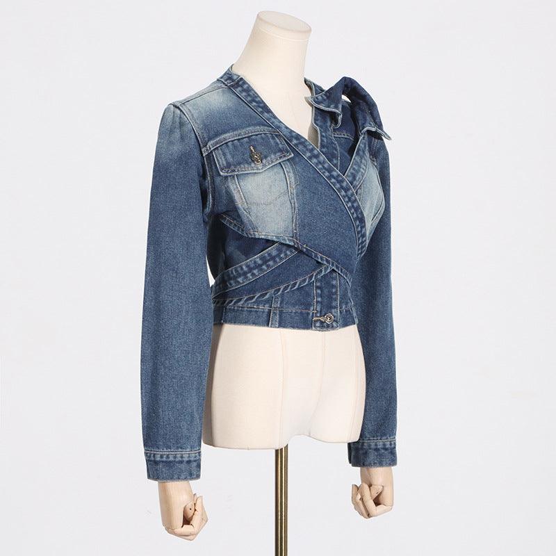 Women’s V-neck Cross Asymmetrical Lace-Up High-End Short Denim Jacket - Country in My Heart