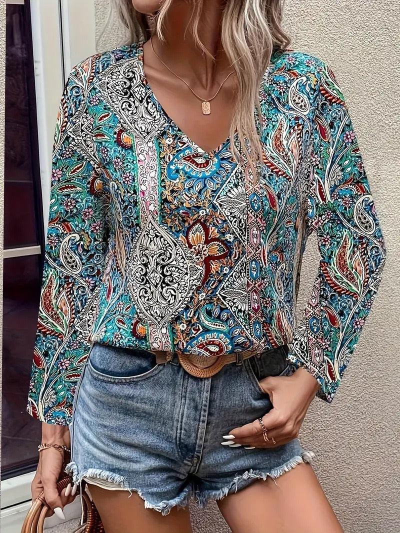 Boho Paisley V-Neck Long Sleeved Shirt - Country in My Heart