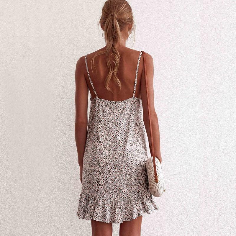 Floral Print Summer Dress Spaghetti Strap Mini Dress Ruffled - Country in My Heart