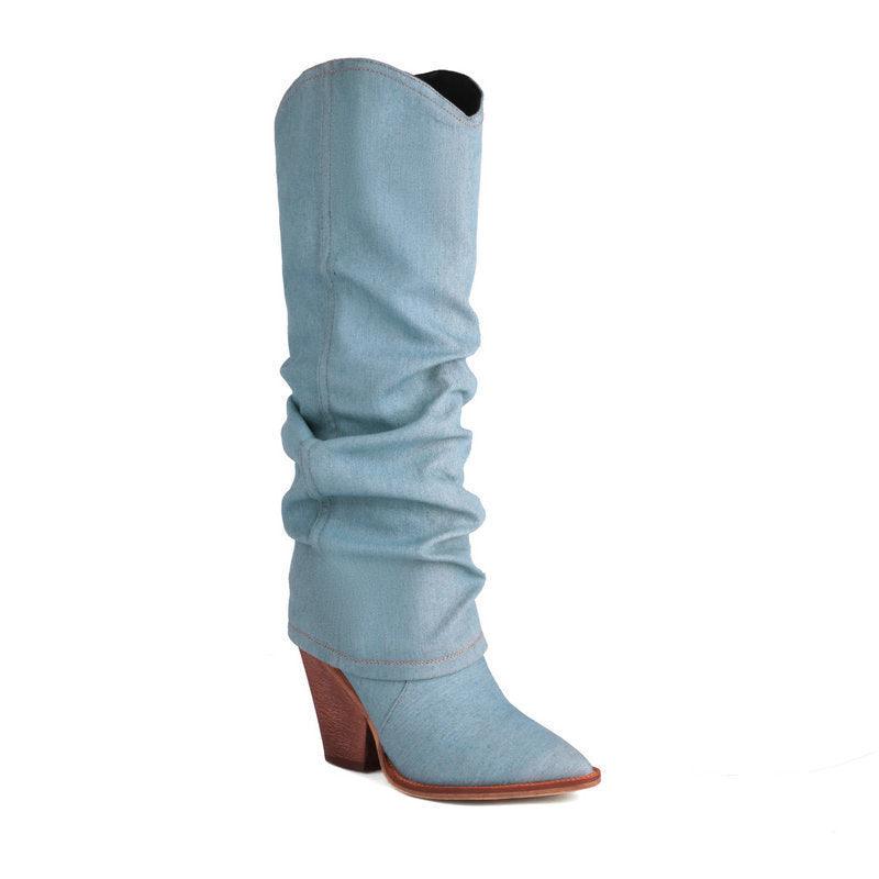 Denim Cowboy Slouch Boots | Stylish Knee-High Cowboy Boots for Cowgirls - Country in My Heart