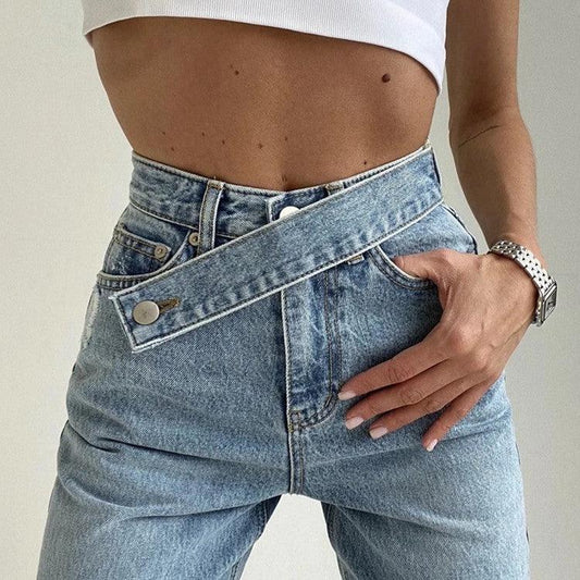 Retro Oblique Belted High Waist Straight Wide Leg Jeans for Cowgirls - Country in My Heart