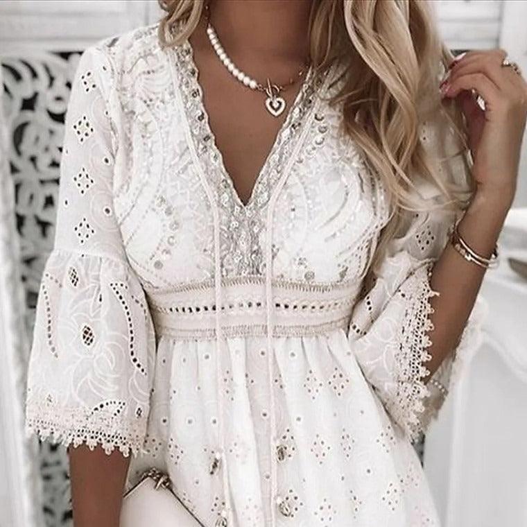 Lace Embroidered Romance Dress - Sweet and Fresh Floral Cotton Dress for Women - Country in My Heart