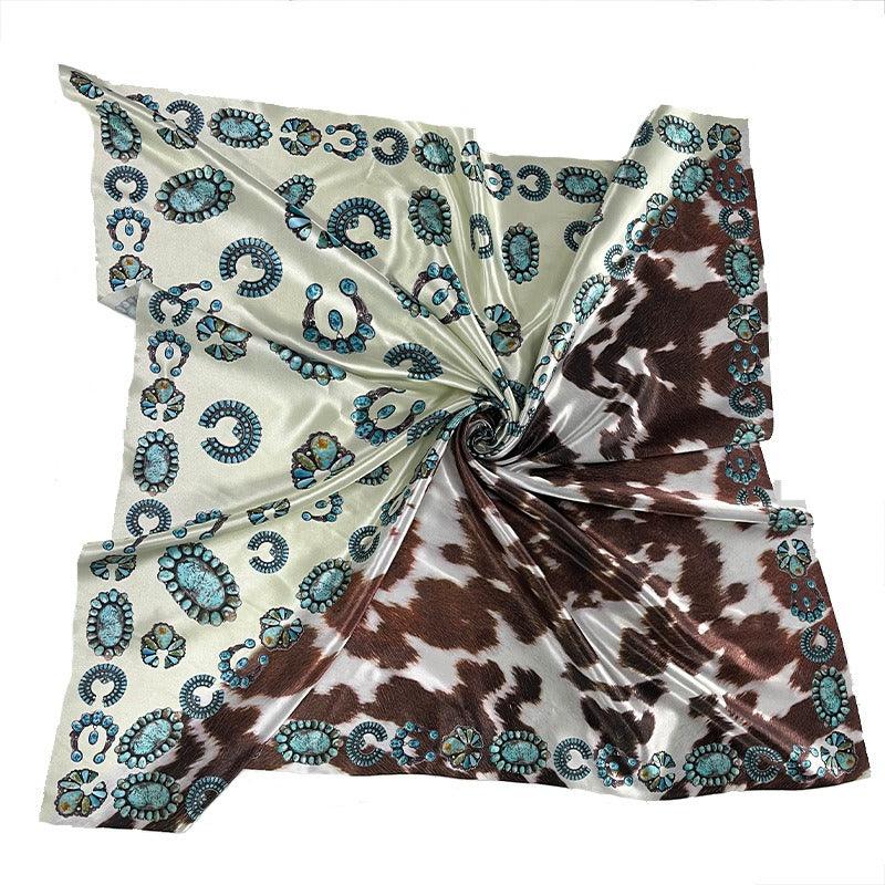 Western Style Cow Pattern Turquoise Scarf – Elegant Cowgirl Accessory - Country in My Heart