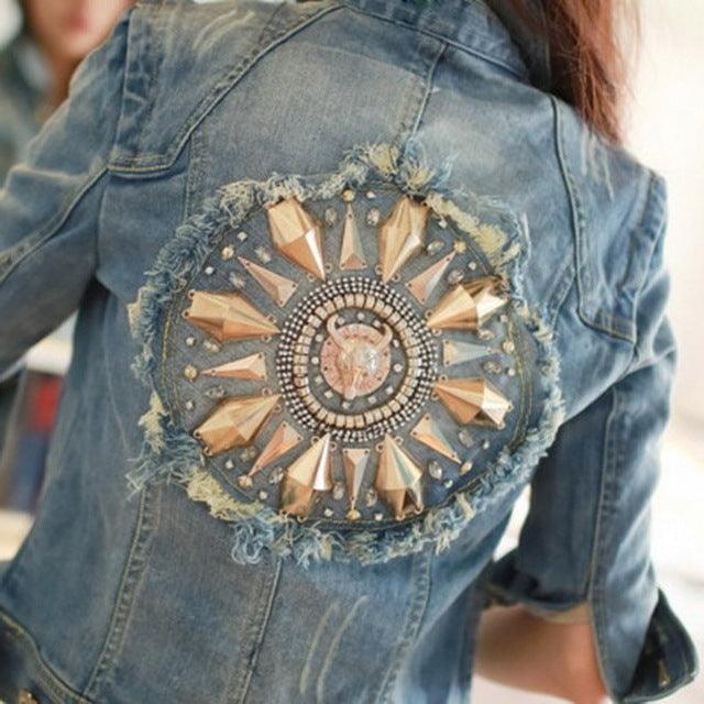 Cute Diamonds Encrusted Half Sleeve Denim Jacket - Country in My Heart