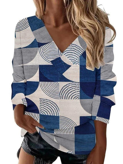 Boho Western V-Neck Long Sleeved Top – Stylish Cowgirl Fashion with Geometric Patterns - Country in My Heart