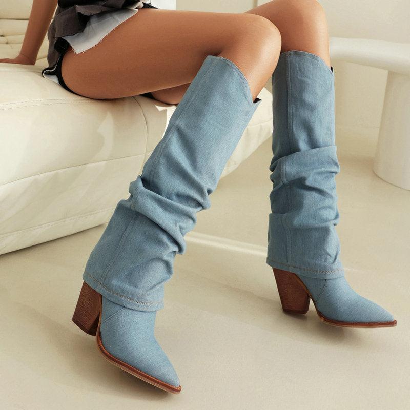 Denim Cowboy Slouch Boots | Stylish Knee-High Cowboy Boots for Cowgirls - Country in My Heart