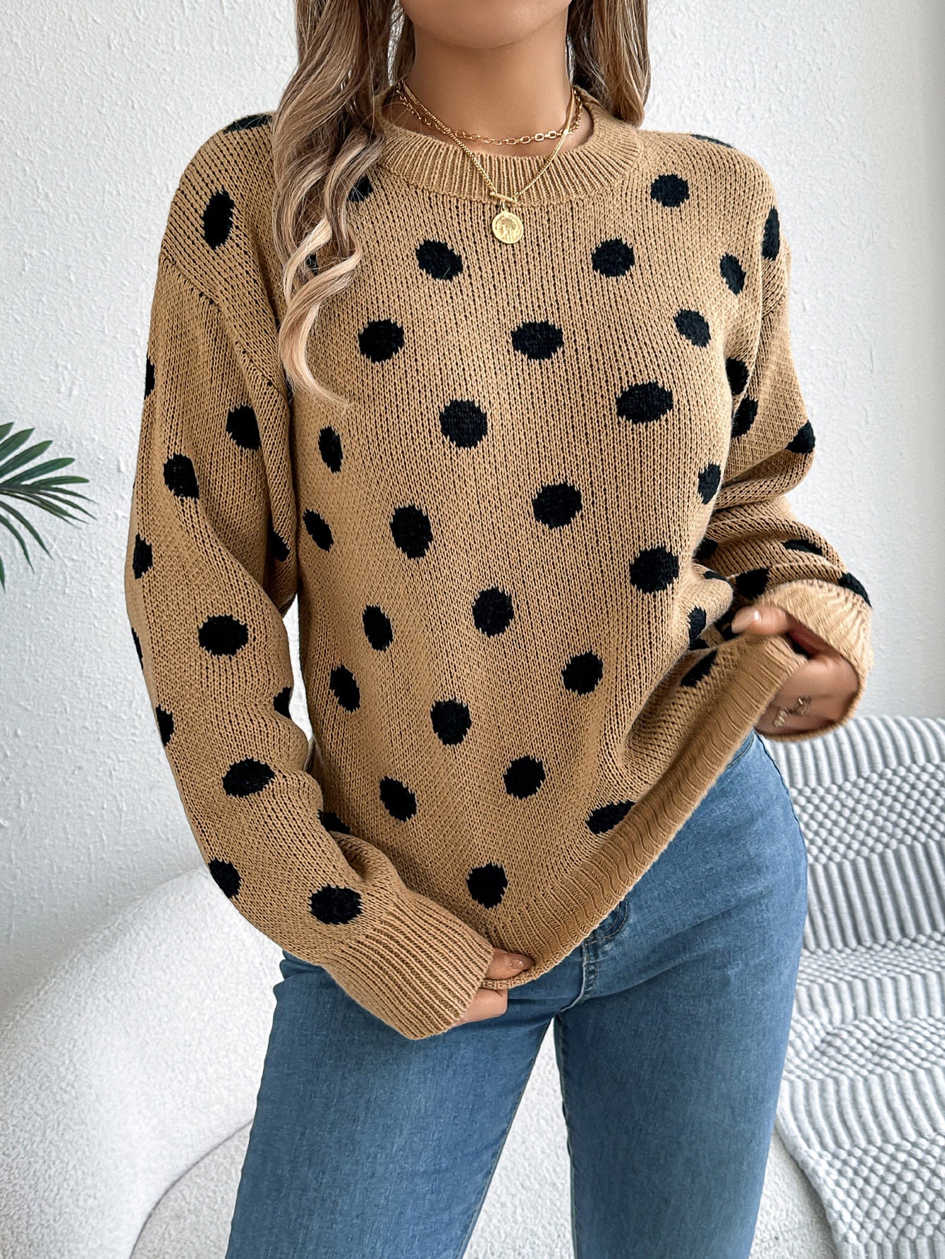 Polka Dot Long-Sleeved Pullover Sweater – Cozy and Stylish Cowgirl Sweater