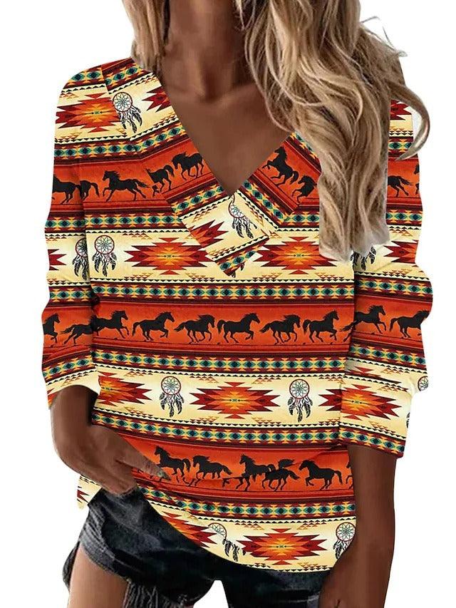 Boho Western V-Neck Long Sleeved Top – Stylish Cowgirl Fashion with Geometric Patterns - Country in My Heart