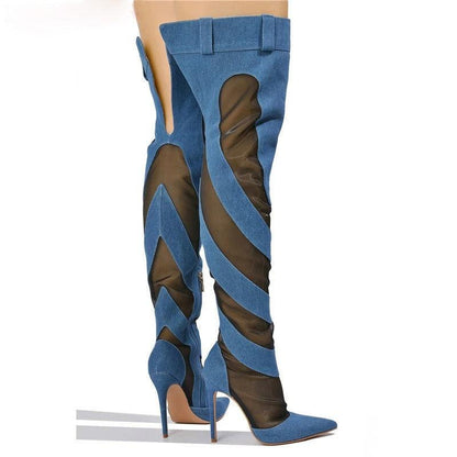 Patchwork Thigh High Knee Boots - Brazen Blue & Jet Black | Ultra High Heels - Country in My Heart