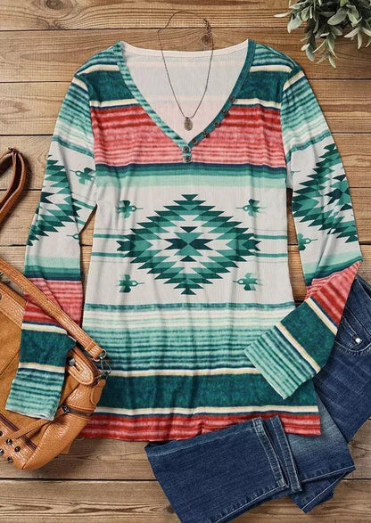 Tribal Roots V Neck Pullover | Boho Chic Long Sleeve T-Shirt - Country in My Heart