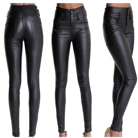 Edgy Rebel High-Waist Skinny Leather Pants – Shiny Black Faux Leather, Street Style, Motorcycle Chic - Country in My Heart