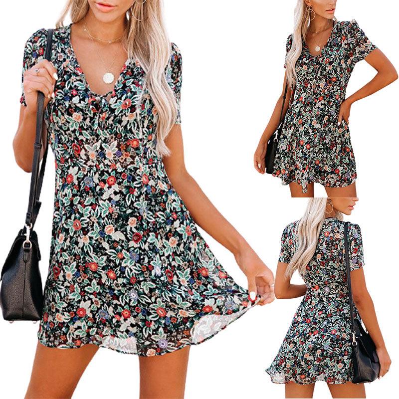 Women's Summer Short Sleeve V-Neck Floral Dress - Country in My Heart