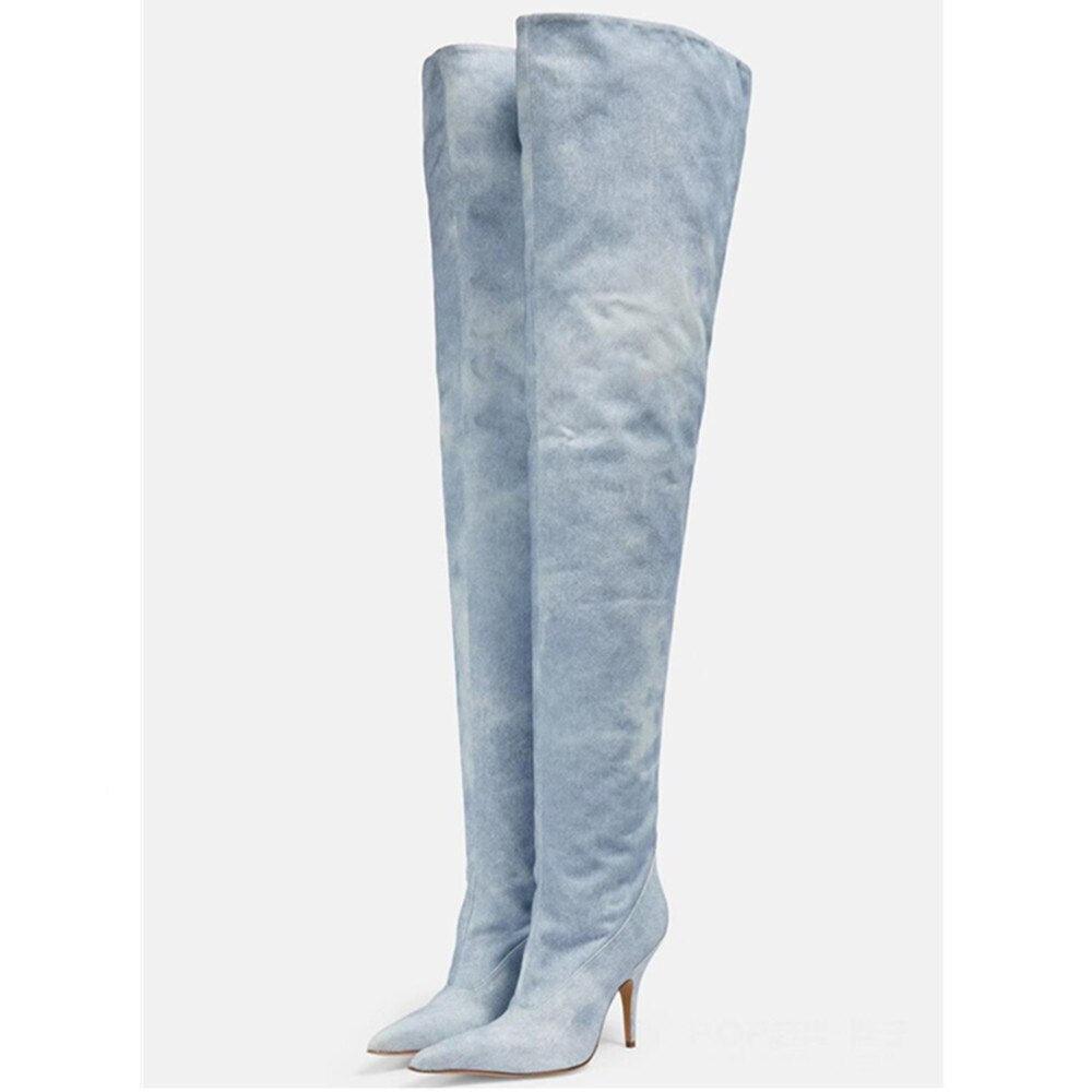 Women's Ultra-High Heel Denim Pointed Toe Catwalk Knee Boots - Country in My Heart