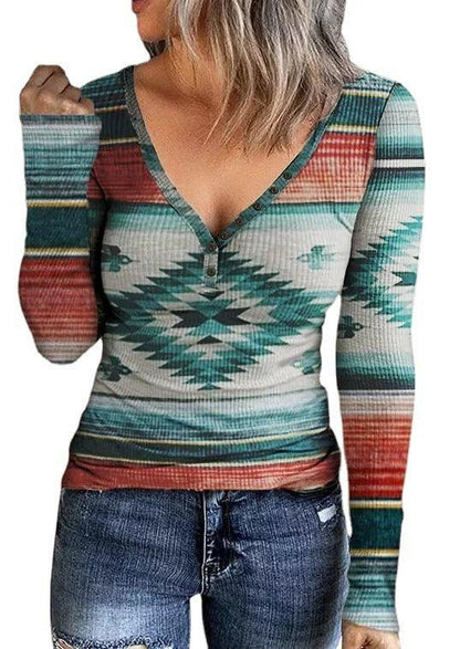 Tribal Roots V Neck Pullover | Boho Chic Long Sleeve T-Shirt - Country in My Heart