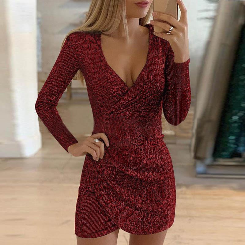 Elegant V-Neck Sequin Mini Dress Sexy Party Dress, Glamour for Women Wine Red / S Elegant V-Neck Sequin Mini Dress Sexy Party Dress, Glamour for Women Wine Red / S